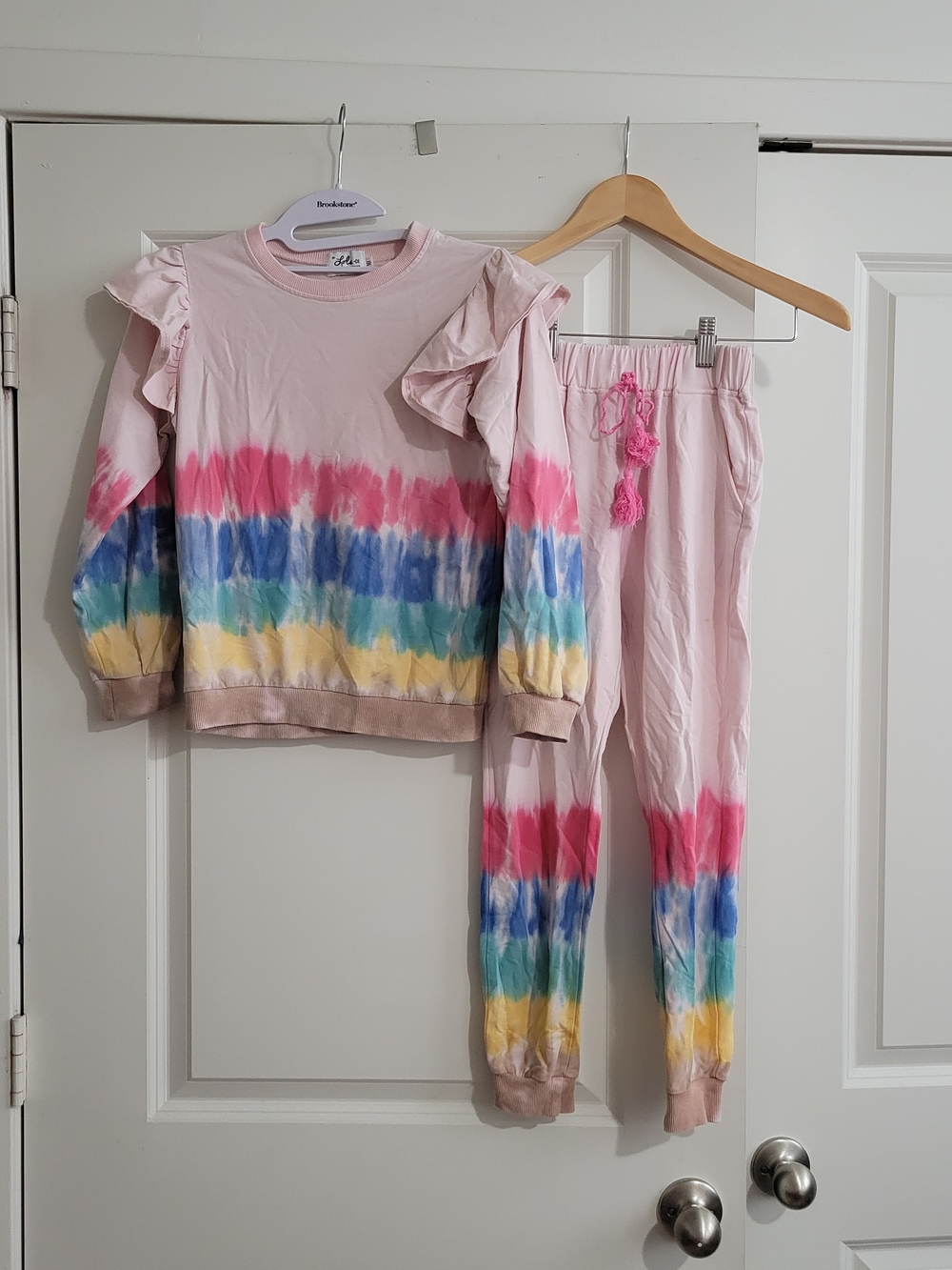 Lola + The Boys Pink Rainbow Tie-Dye Set with Ruffle Shoulders Size 10